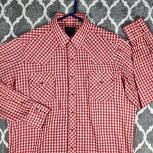 Sears Western Wear Shirt Men Extra Large Tall Red Gingham Pearl Snap Rockabilly